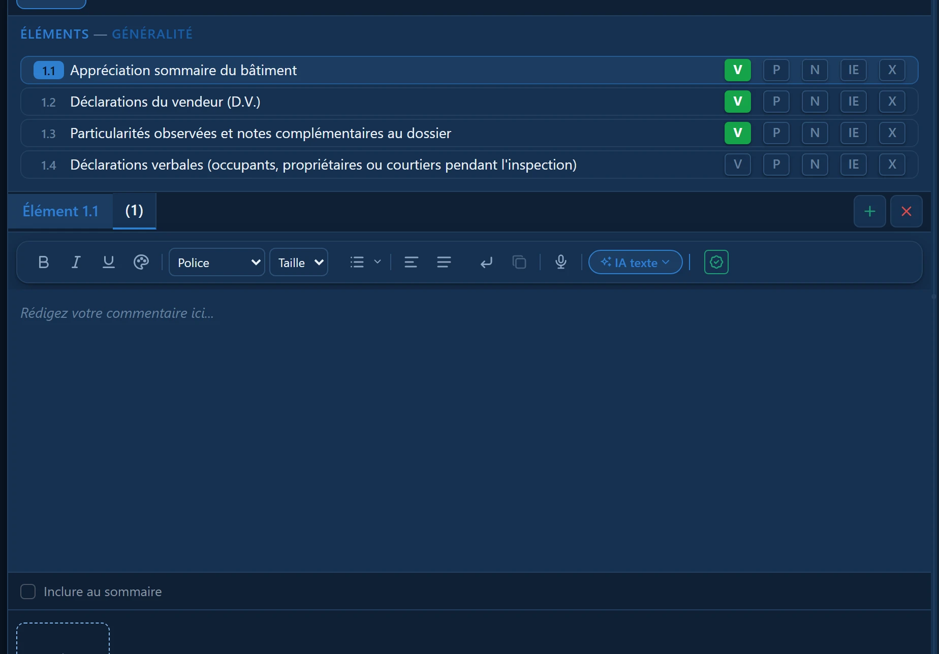 Saisie d’un constat dans l’éditeur : barre d’outils, texte en cours de rédaction