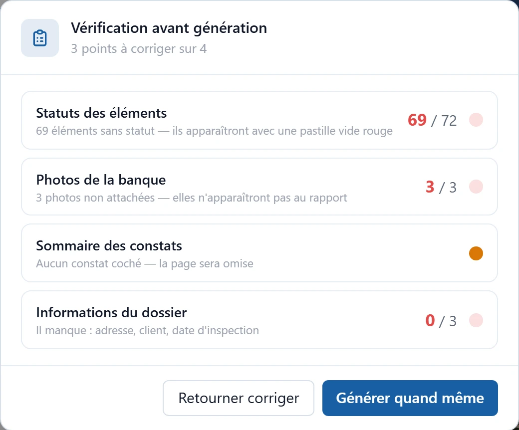L’écran de vérification avant génération : chaque catégorie comptée, ce qui manque est signalé