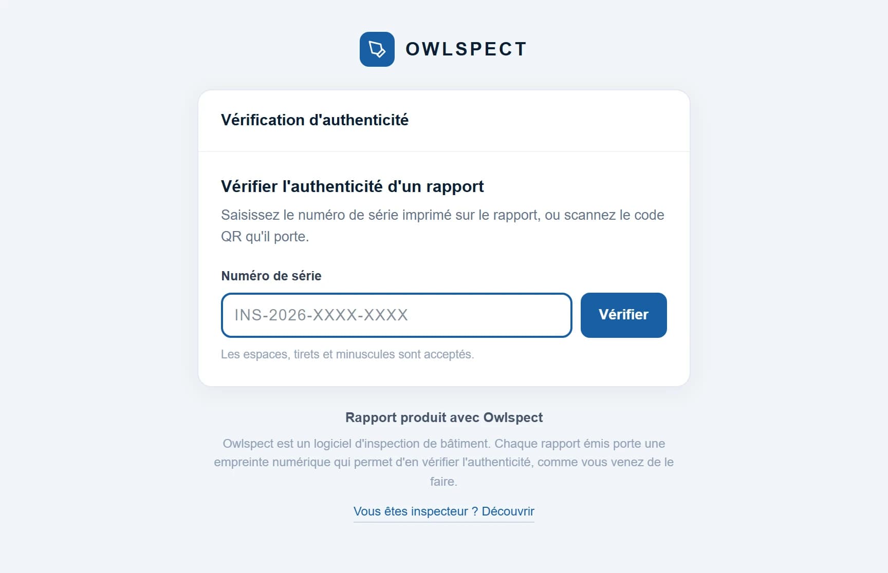 La page publique de vérification d’authenticité d’un rapport Owlspect